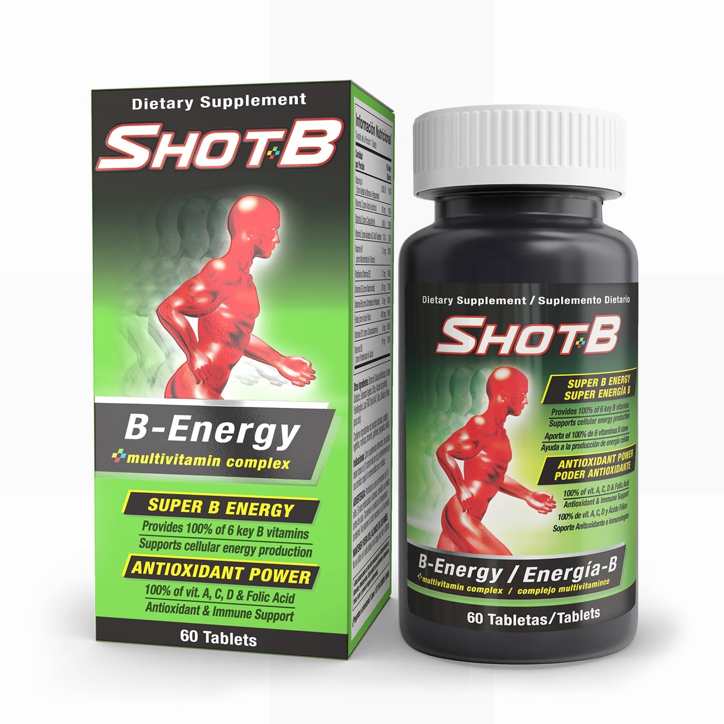 Shot B Multivitamin Complex B-Energy Vitamin B Complex with Antioxidant Support B Complex Vitamins with A C D E & Folic Acid for Cellular Energy & Immune Health - 6 Key B Vitamins 60 Count